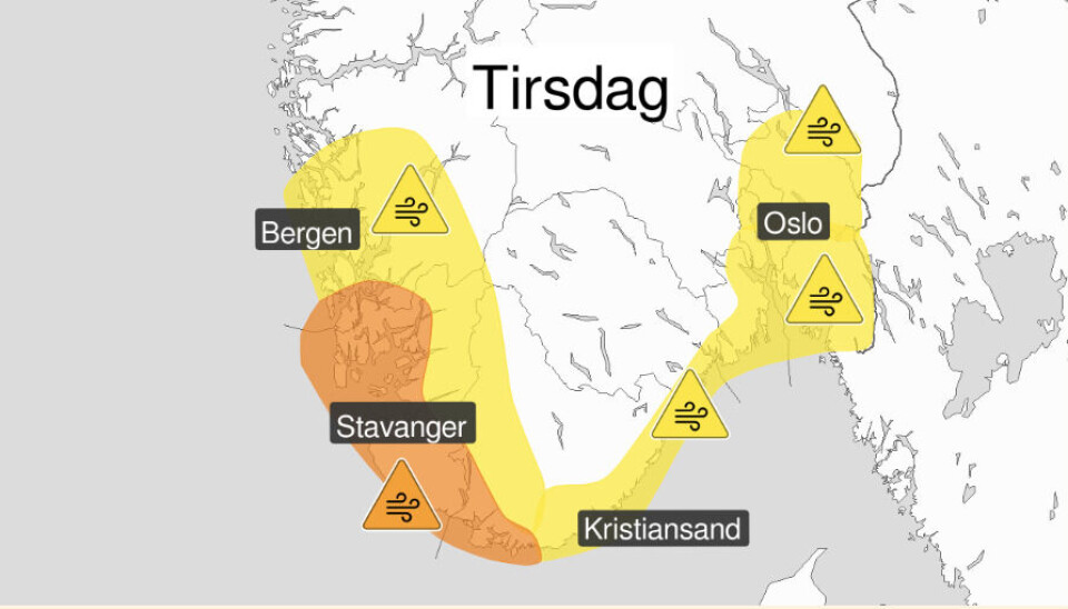 Det er meldt sterk vind og mykje nedbør i dag tysdag.
